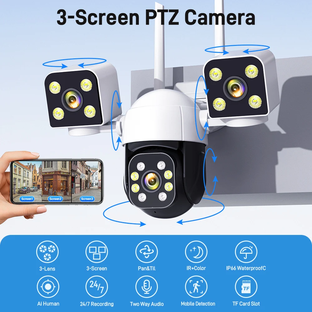 900W WiFi Security Camera Smart Home Three Lens 360 Wireless Outdoor Alarm Sound Effect Night Vision Surveillance Full Color