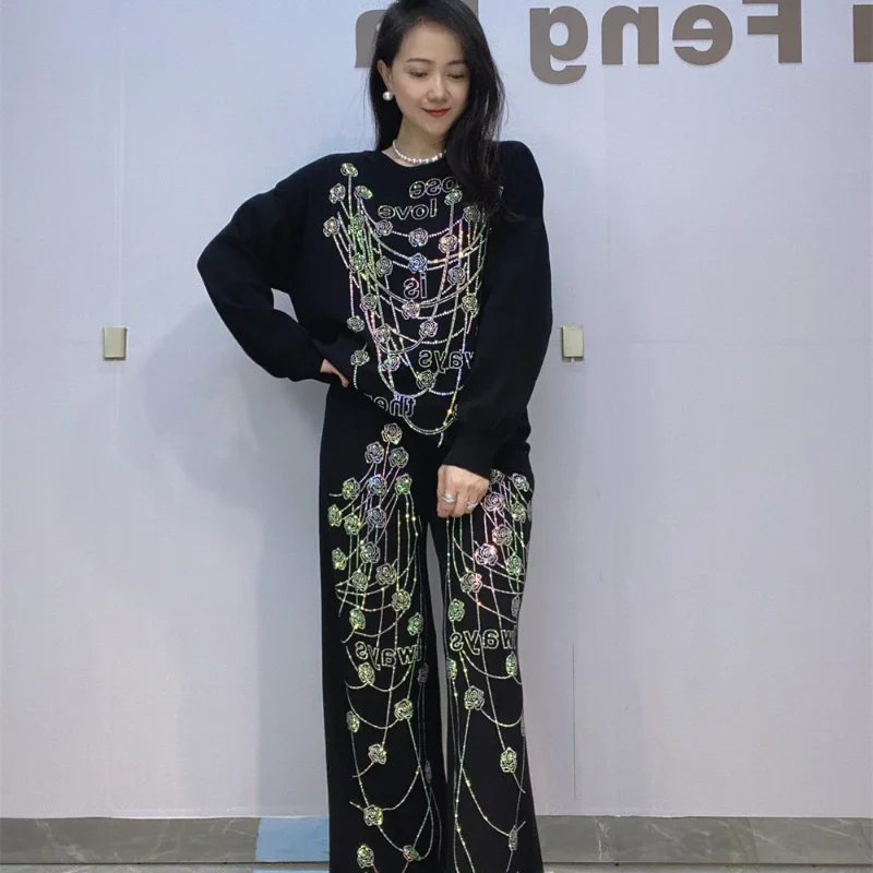 

New Autumn Winter Women Knitting Suits Luxury Flower Hot Drilling Pullover Sweater Top + Wide Leg Loose Straight Pants 2pcs Set