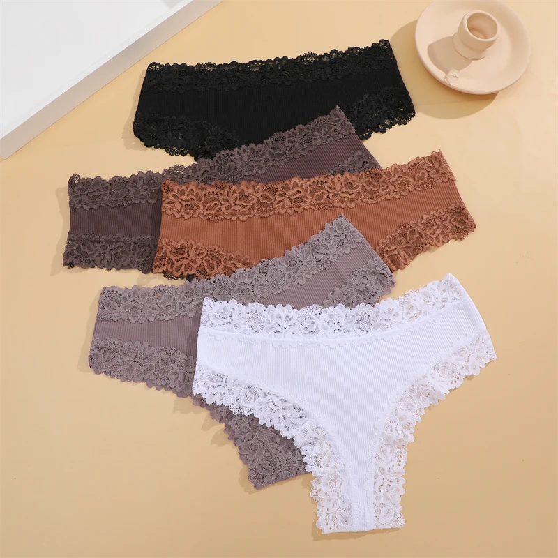 FINETOO 6pcs Women\'s Cotton Lace Thongs Sexy Breathable Floral Print Brazilian Panties Female Low Waist G-string Solid Lingerie