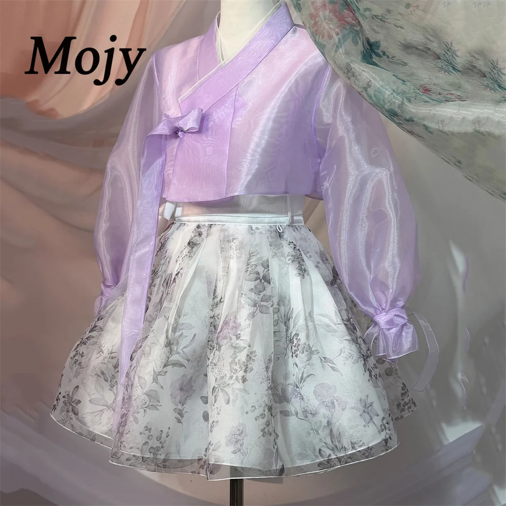 Mojy Purple Elegant Printed fabric Hanbok Mini Dress Korean Traditional Long Sleeves 3 Piece Set Wedding Photoshoot Customized