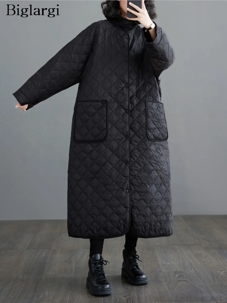 

Oversized Winter Long Coat Women Loose Casual Plaid Fashion Ladies Woman Quilted Black Coats