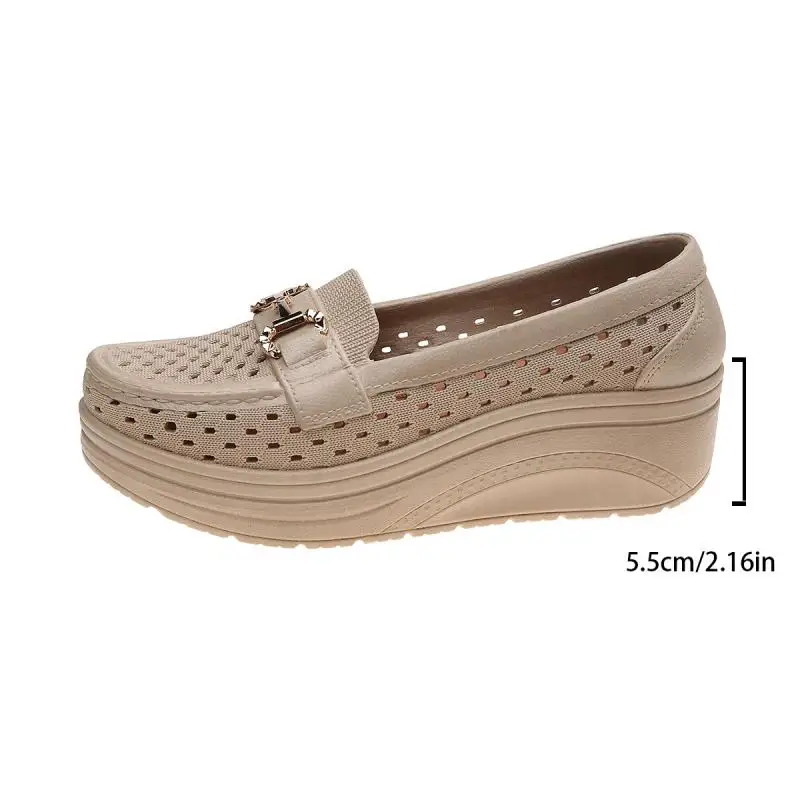 Soft Thick Bottom Height Increase White Loafers Women 2026 Summer Hollow Out Wedge Heel Pumps Women's Comfortable Nursing Shoes