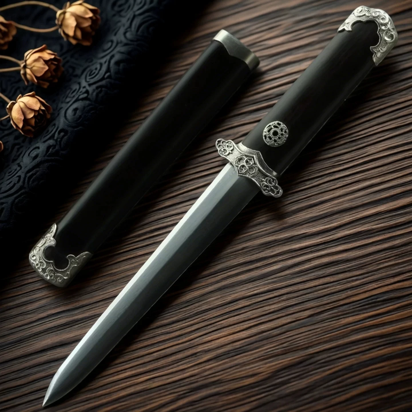 Sandalwood Mini Short Jian Sword Antique Silver Floral Relief Alloy Fittings Natural Red Scabbard Tiny Pocket Straigh Sword