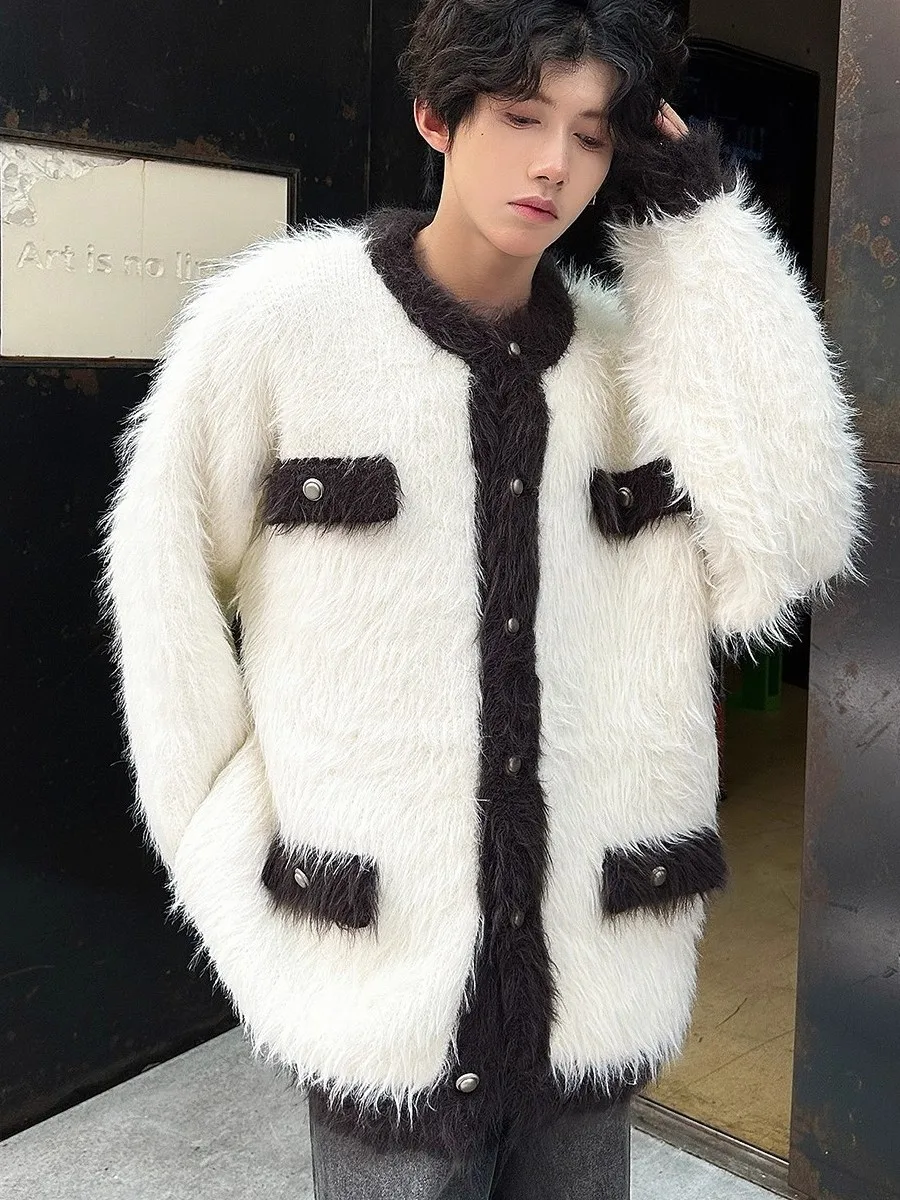 

American Sle Warmth Men's Knitted Sweater Coat Faux Fur Cardigan Lazy Vintage Autumn Winter High-End Feeling Polyester Fiber