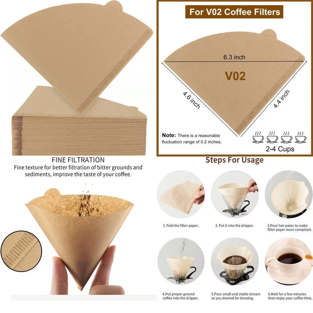 

Фильтры для кофе, размер 02, неотбеленные конусные бумажные фильтры, 200 шт., натуральные одноразовые для капельной кофеварки, совместимые с большинством