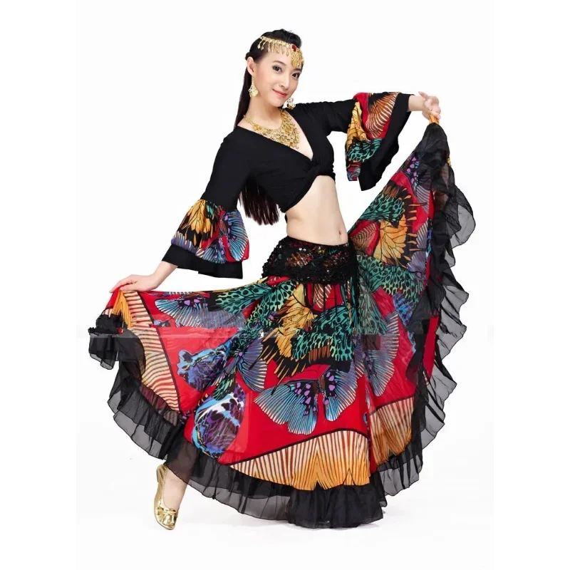 720 Graad Bloem Bedrukt Ji Wedstrijd Rok Buikdans Tribale Kleding Buikdans Kleding Flamenco Kleding