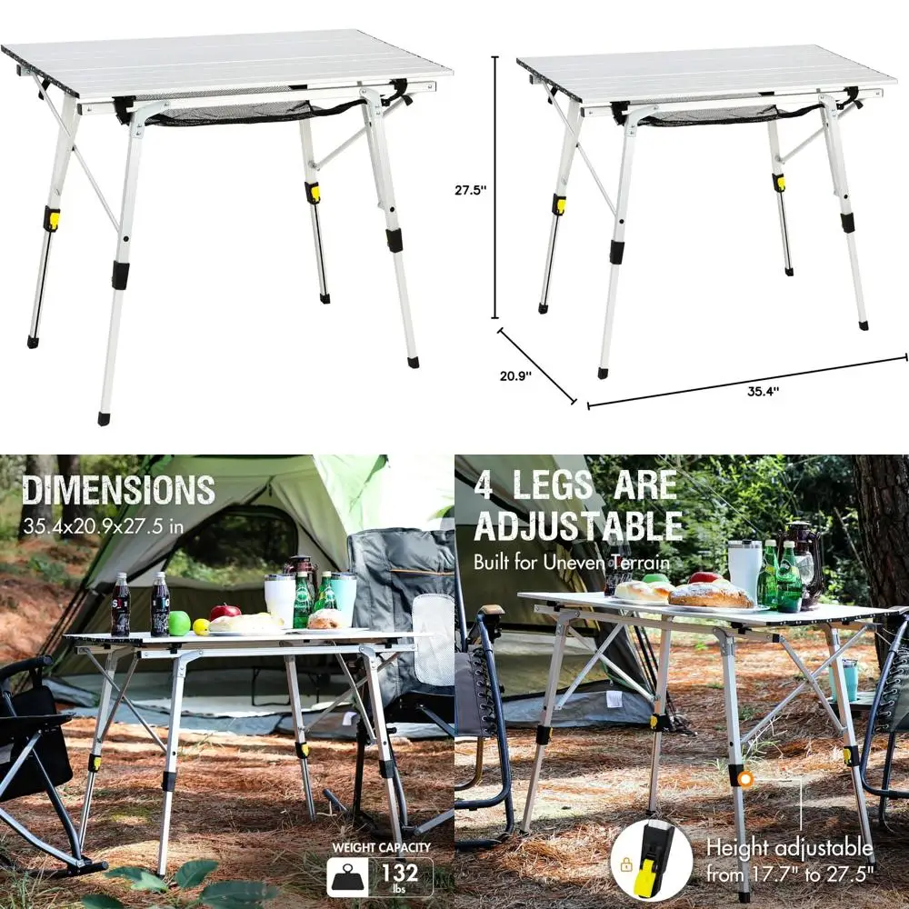 

portal outdoor folding portable picnic camping table with adjustable height aluminum roll up table top mesh layer, silver