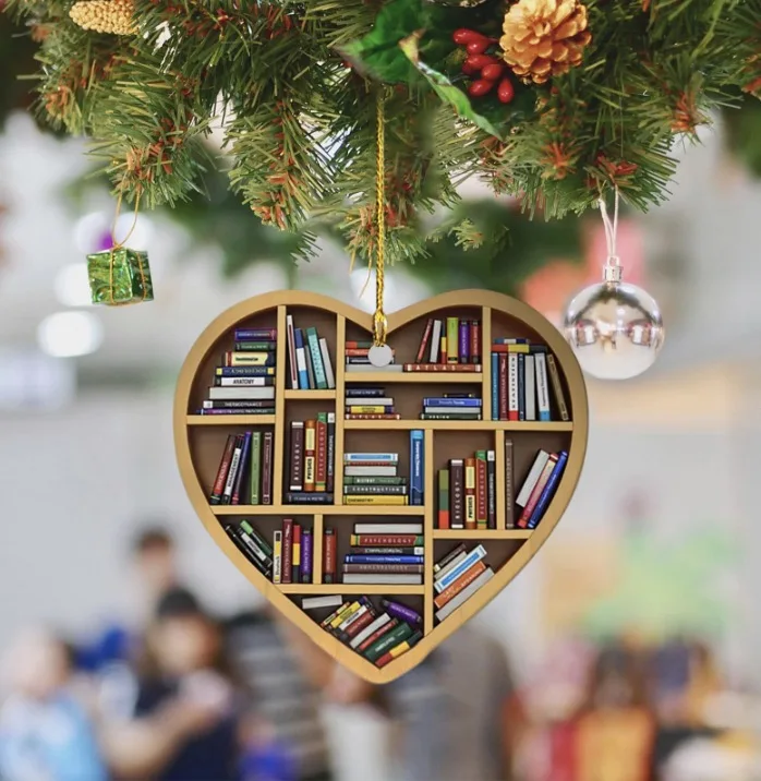 Heart Shaped Christmas Ornament Acrylic Bookshelf Xmas Tree Hanging Decorations 2D Flat Printed Book Gifts for Book Lovers ﻿