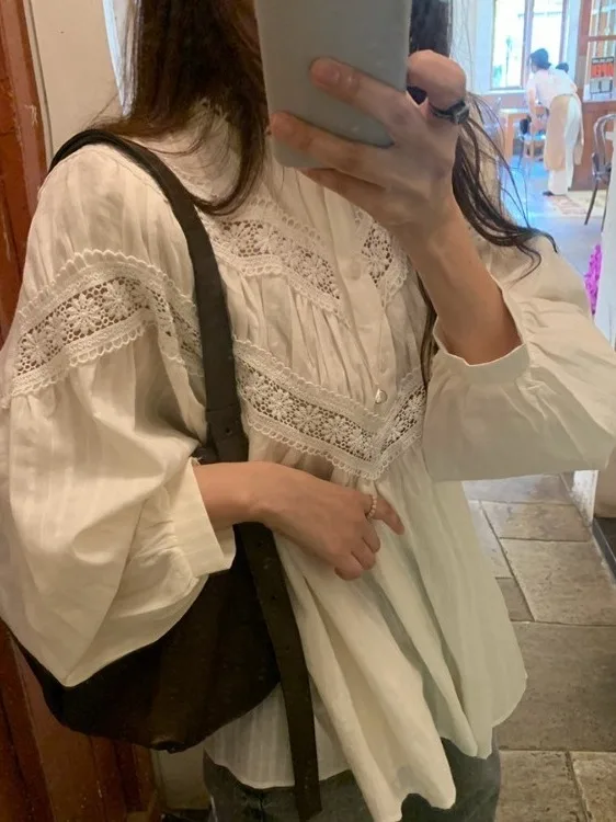 Chic Primavera Nuove Donne Coreano Sle Dolce Merletto Splice Bubble Sve irt Lungo Sve Button up Camicetta Faionable Ladies irt