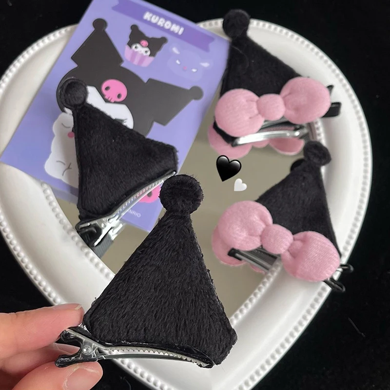 2Pcs Sanrio Kuromi Kawaii Cute Pair Of Clips Cartoon Girl Heart Sweet Cool Bow Side Clip Standing Ear Top Clip Hair Accessories