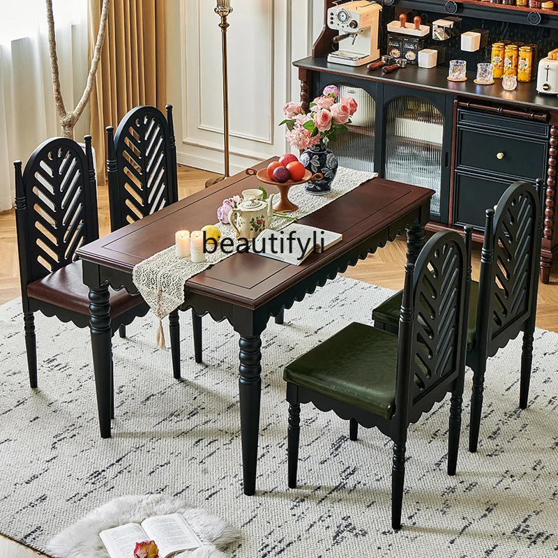 French medieval style all solid wood dining table with drawers rectangular dining table 1.6 meters home dining room retro black