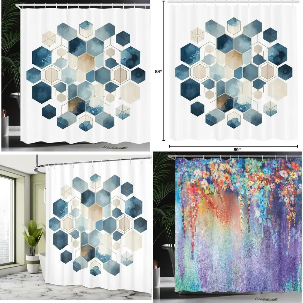 

modern hexagon pattern shower curtain, blue geometric shapes, minimalist bathroom decor fabric