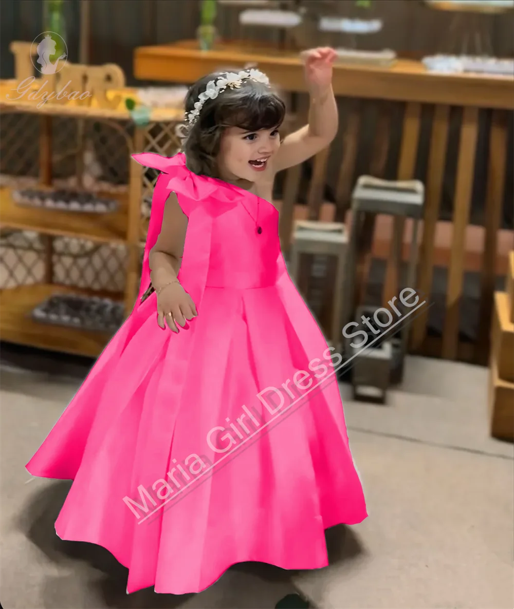 2026 Red Party Gown One-shoulder Sleeve Flower Girl Wedding Birthday Dresses Bow Little Girl Peageant Event Photography