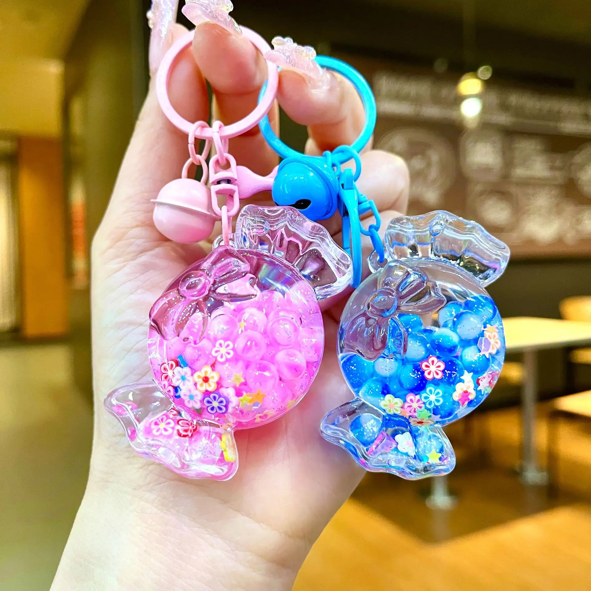 Cute Glitter Transparent Candy Bubble Key Chain Colorful Liquid Quicksand Beads Keyring Couple Girl Backpack Key Pendant