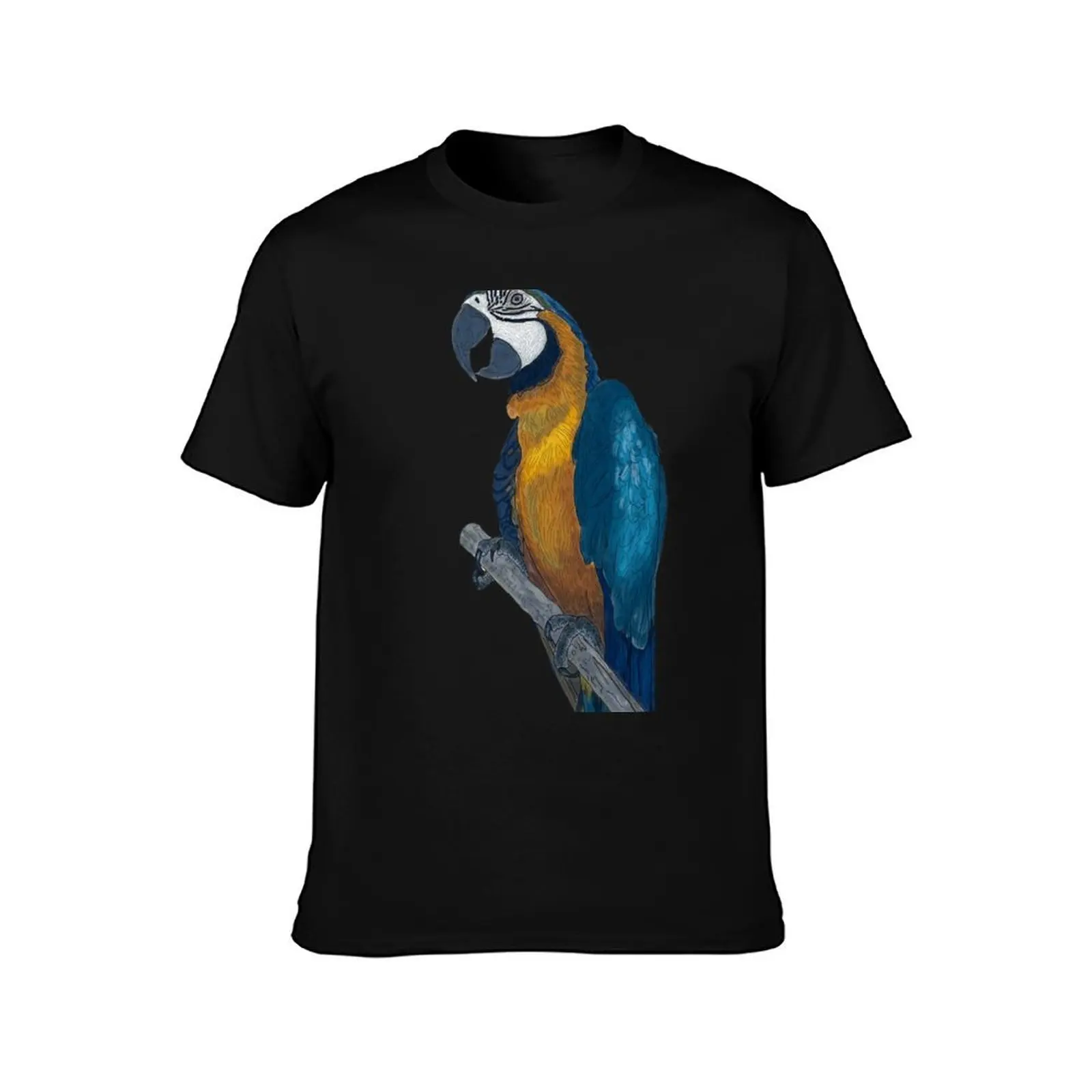 Blue + Yellow Macaw on a Twig Scientific Drawing T-Shirt Summer Casual Cotton Tee Oversized Streetwear Tops Unisex Men Women