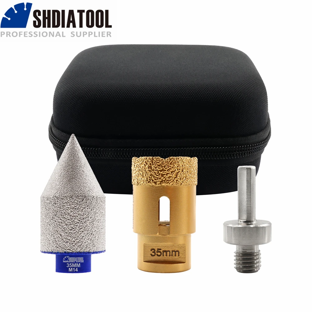 

SHDIATOOL Diamond Brazed Core Dry Drill Bit Set 3pcs/kit M14 Porcelain Tile Granite Marble Ceramic Hole Saw Oxford Cloth Adapter