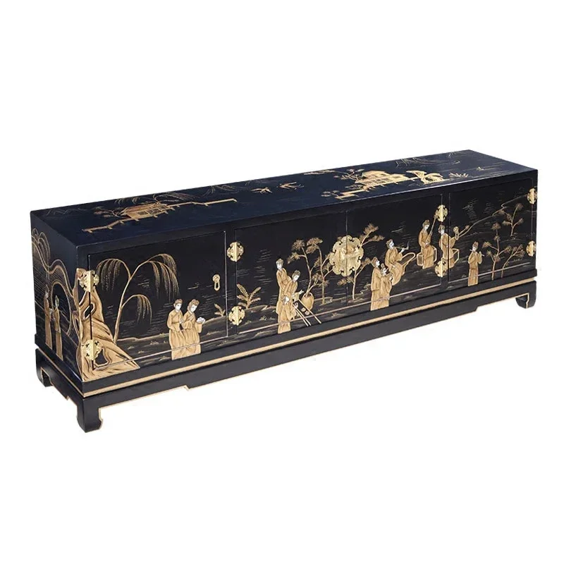 

Modern New Chinese Style Black Gold Painting New National Fashion Retro Style Solid Wood Living Room TV Floor Cabinet Film