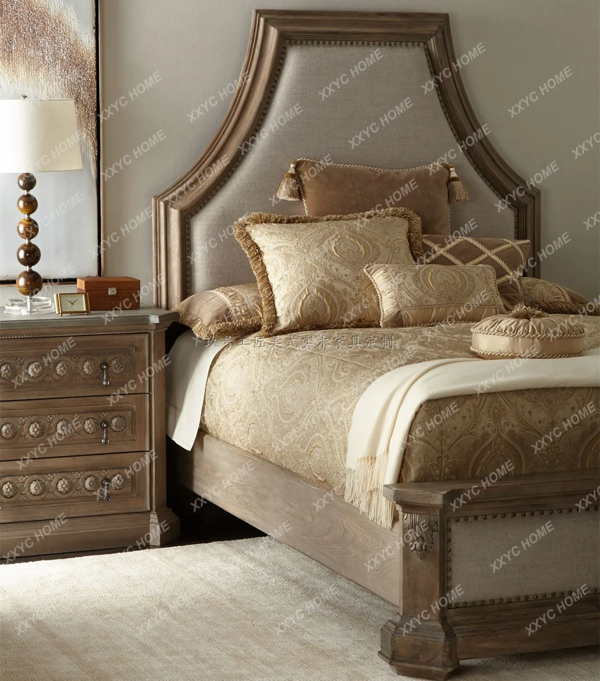 Solid wood furniture custom building revival classical all solid wood oak bedroom carved bedside table drawer
