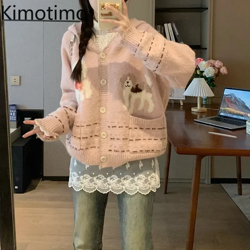 Kimotimo Cute Hooded Cardigan Sweater Women Autumn Winter Cartoon Puppy Jacquard Sweet Loose Knitted Coat Preppy Style Y2k Tops