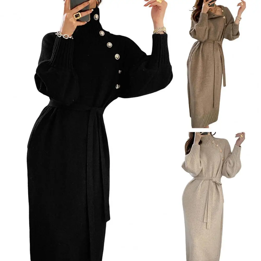 Women Knitted Dress Knitted High Collar Neck Protection with Belt Long Lantern Sleeves Ankle Length Button Decor Solid Color Max