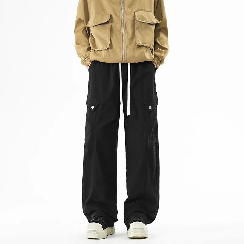 Celana Panjang Pria Model Terbaru Musim Semi Gugur 2025, Warna Solid Kasual Trendi Katun Lurus Lebar Multi Saku Longgar