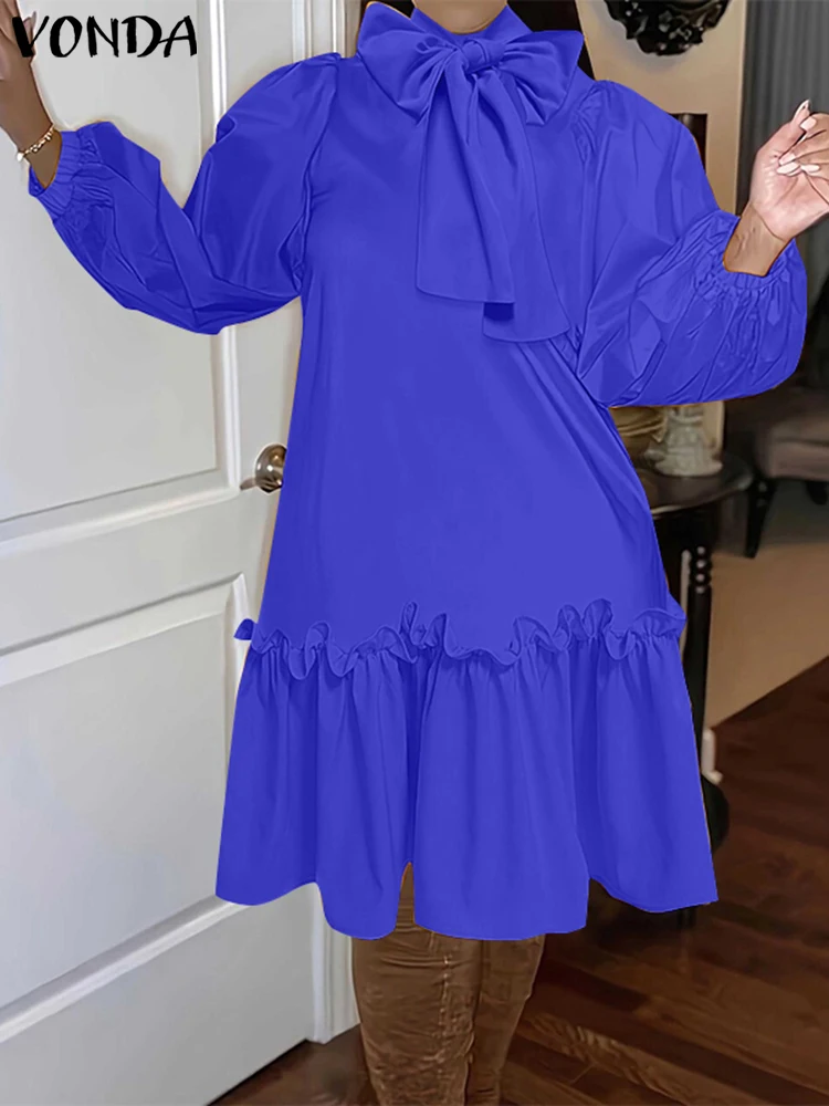 VONDA-Robe longue style bohème pour femmes, grande taille, décontractée, nœud papillon, longueur genou, manches longues lanterne, élégante, couleur unie, col montant, 2024