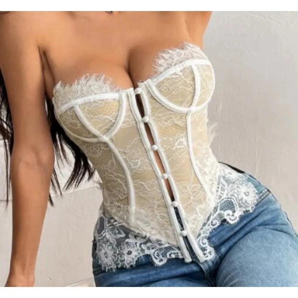 Vintage Mesh Elegant Embroidered Chic Single Breasted Strapless Tank Top Women French Hotsweet Streetwear High Street Clothing