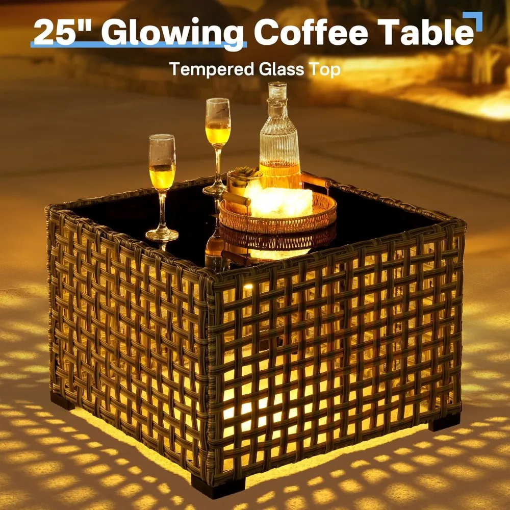 Outdoor 6 Pieces Coversation Set with Glowing Coffee Table, Patio Furniture High Back Couch with Ottoman, Rattan Wicker 3-Seater