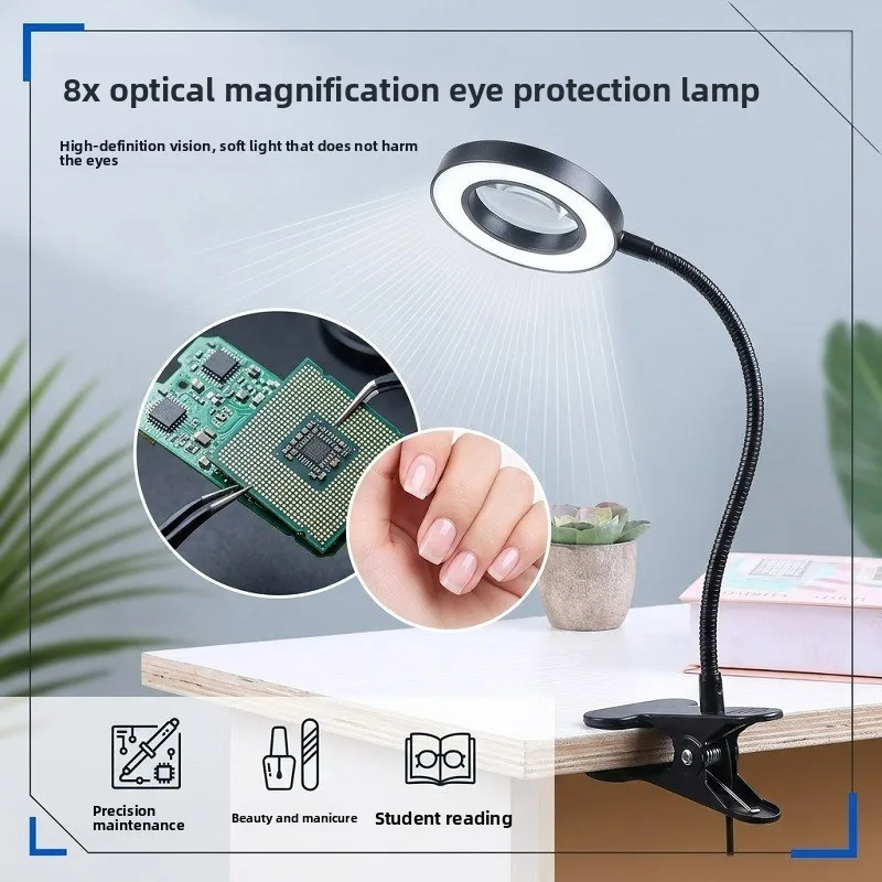 LED Magnifying Clip Desk Lamp Soft Eye Care Light for Nail Art Tattoo Repair Bedroom Dorm Study Room