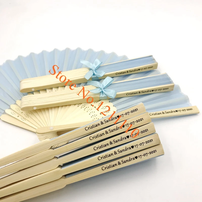 Imagem -05 - Folding Bambu Hand Fan Favores de Casamento Personalizados Tecido Colorido Impressão Personalizada Nome e Data do Casal 80 Pcs 90 Pcs Novo