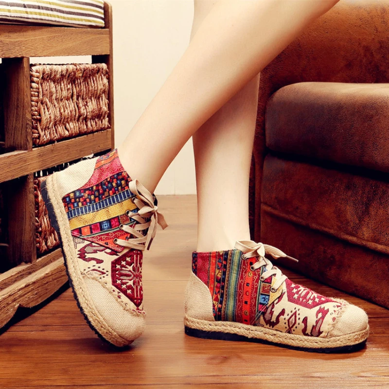 Summer New Embroidered Shoes Ethnic Style Short Boots Women Cotton Linen Casual Short Boots Fashion Color Blocked Women Shoes