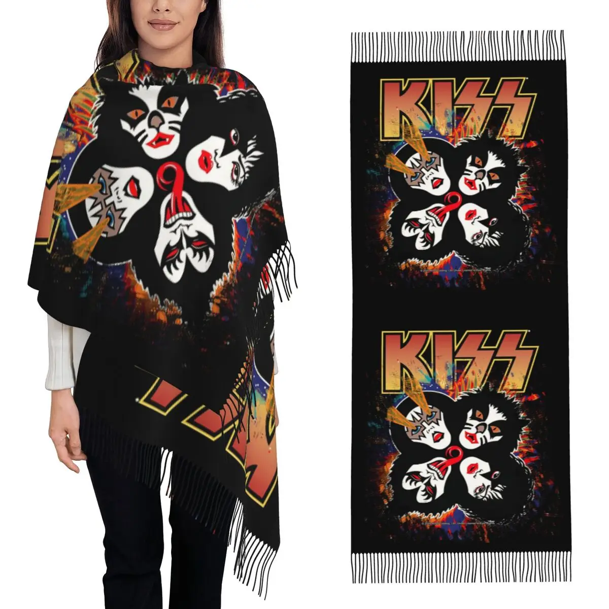 

Kiss Rock Band Retor Scarf Tassel Scarves Women Soft Warm Shawls and Wraps Large Fall Winter Shawl Wrap