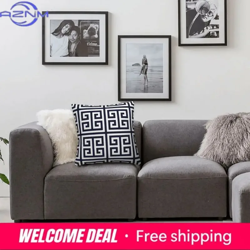 Greek Key Navy Blue Geometric Pillowcase Soft Polyester Cushion Cover Decor Trendy Pillow Case Cover Seater Zipper 18''