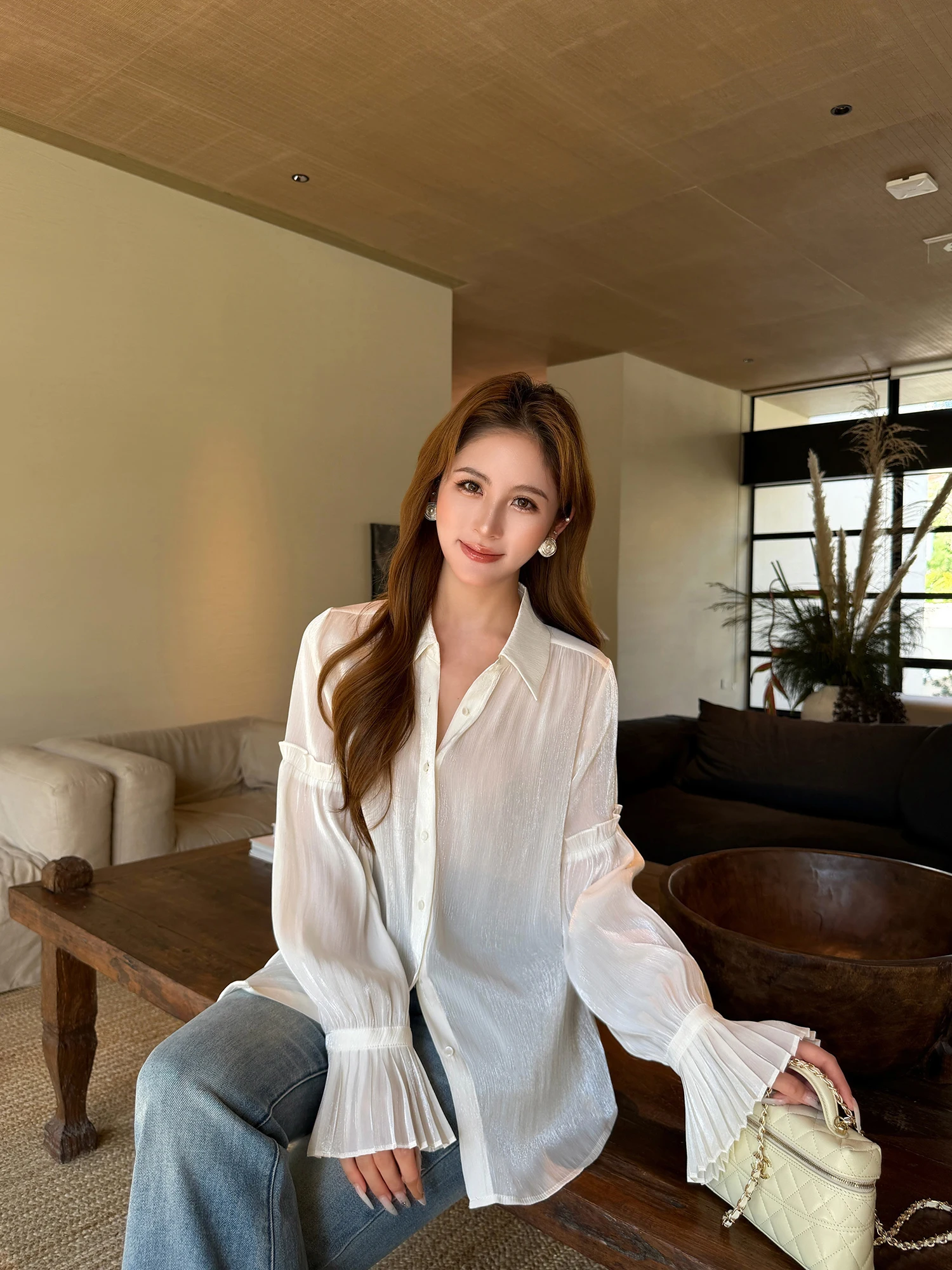 

NEVA HU Women's Shirt Design Sensation Thin Bell Sleeve Wood Grain Casual Loose Fit Long Sleeve Polyester Fiber