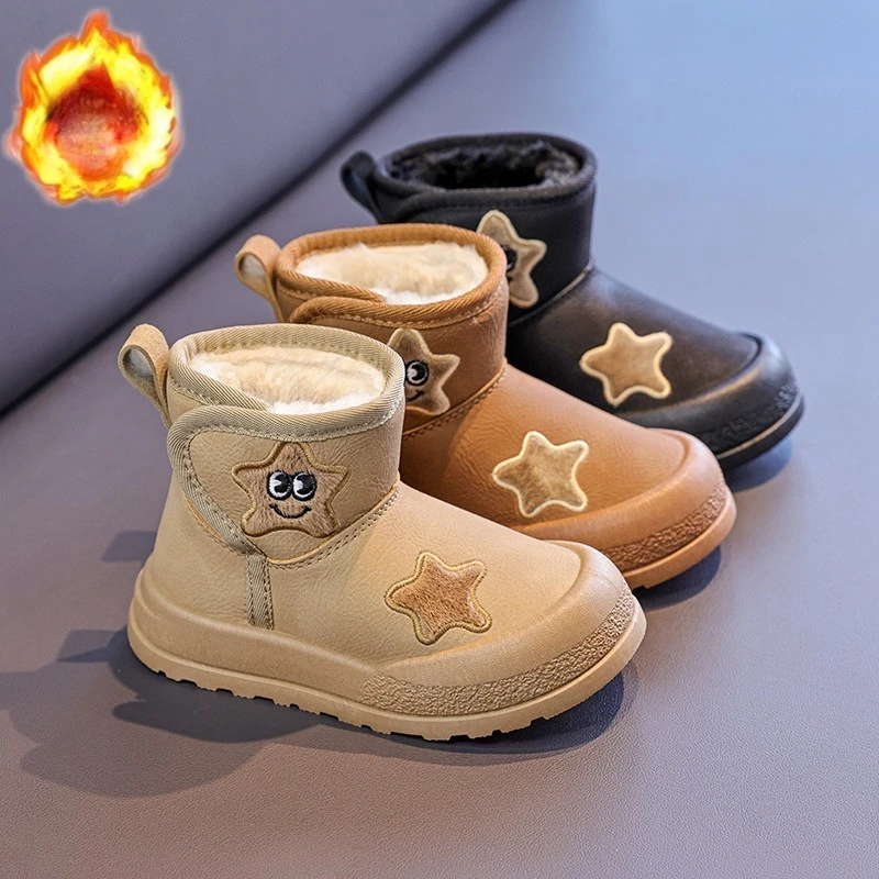Children Short Boots Toes Capped Soft Sole Kids Leather Boots Hook&loop 2025 Winter New Girls Ankle Boots Thick Fur Cute Stars