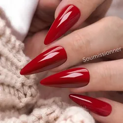 Faux Embouts Stiletto Artificiels à Presser avec Colle, Outil de Manucure, Adhésif Réutilisable, Rouge, N64.Long