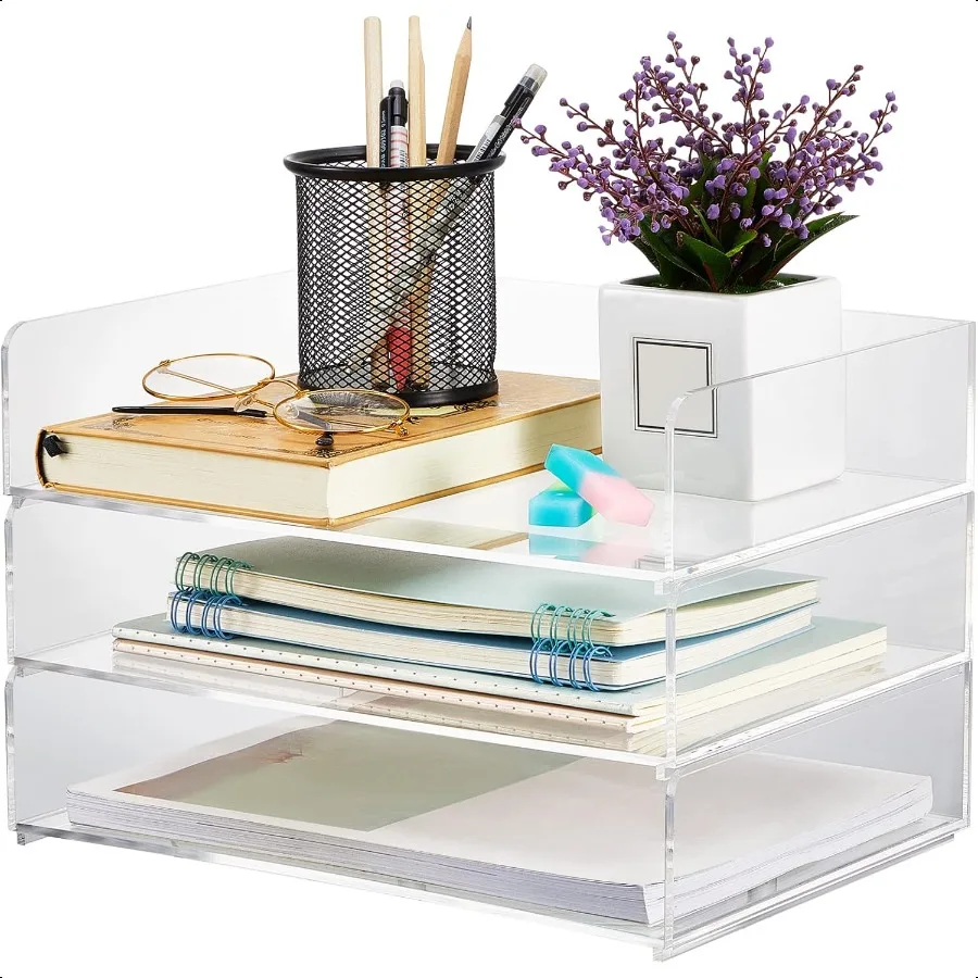 

Yulejo 3 Tier Acrylic Desk Organizers and Accories 12.4 x 8.74 x 2.68 Inch Clear Paper File Organizer Tray for Office Workspace