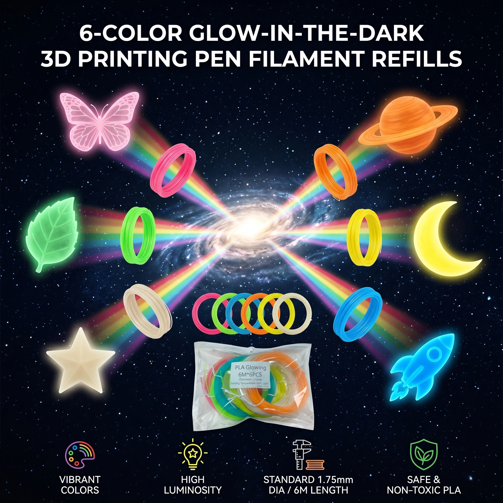 Glow-in-the-Dark PLA Filament 1.75mm for 3D Printers And 3D Pens Eco-Friendly PLA 3D Pen Filament Refill