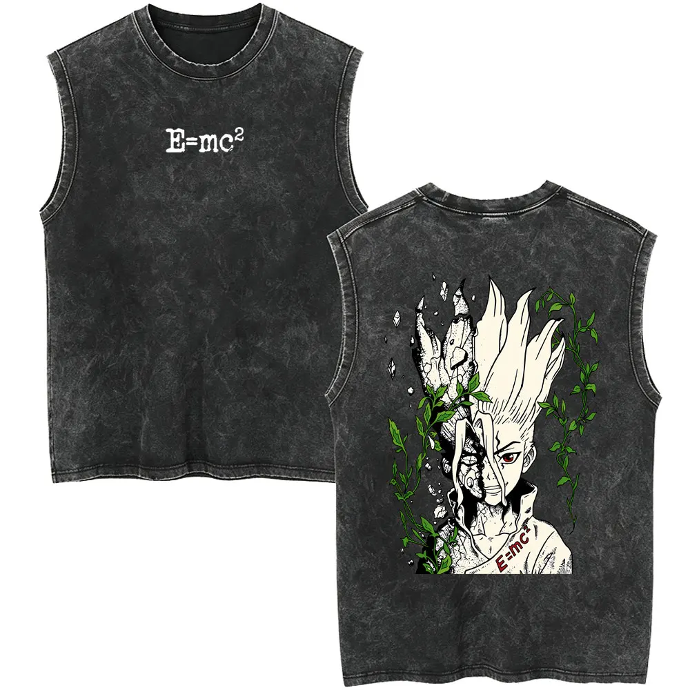 Anime Dr. Stone Vintage Washed Tank Tops Manga Senku Ishigami Graphic Sleeveless Vest Tshirt Men Women Fashion Oversized T-shirt