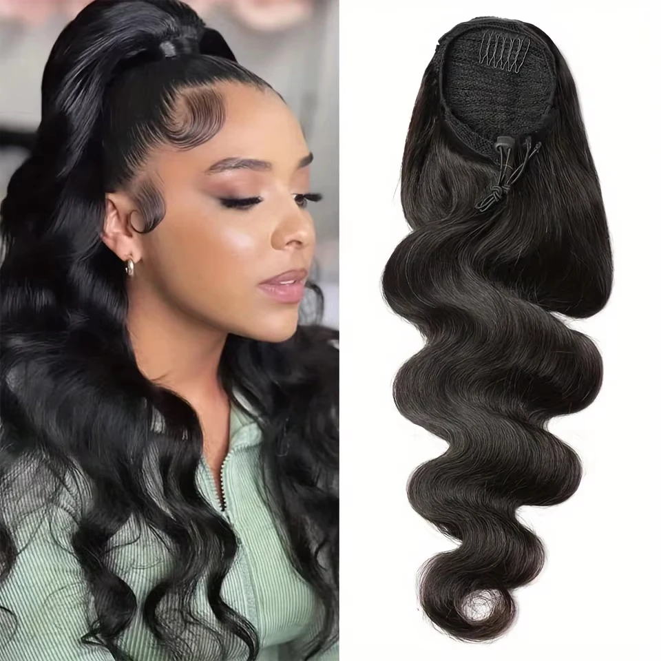 Body Wave Long Drawstring Ponytail Human Hair Extensions Peruvian Hair Clip In Remy Natural Black Heat Resistant Pony