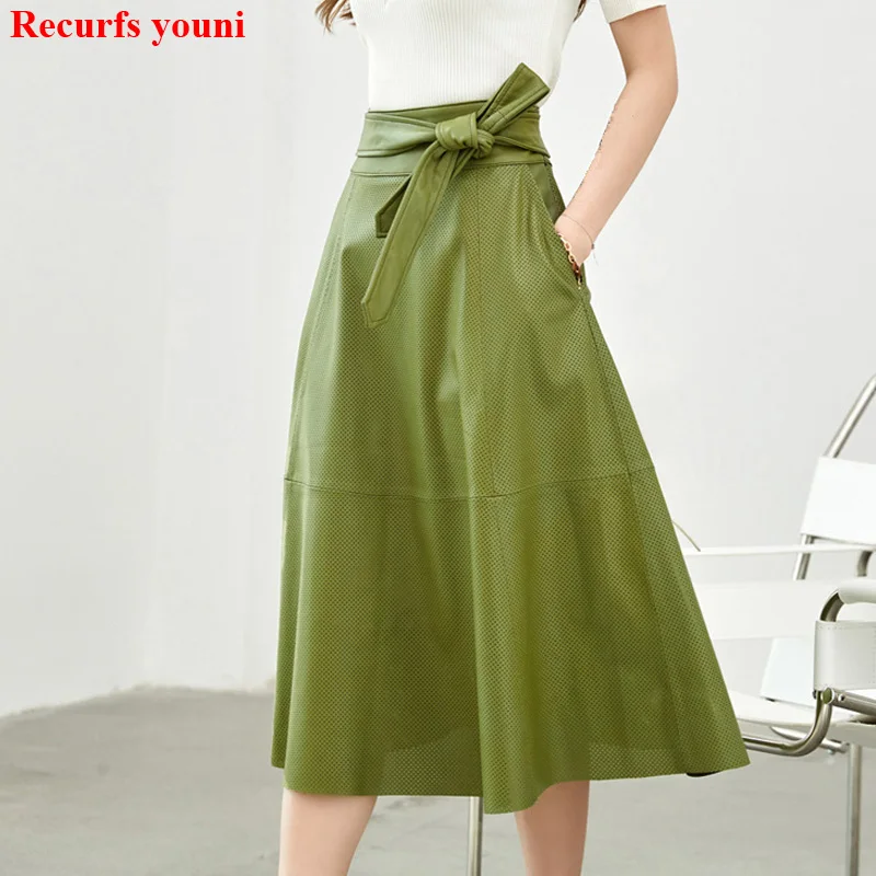 Goatskin Skirts Women 2024 NEW Female Classic Hepburn Laser Punching Off White Green Faldas Mujer Below Knee Umbrella Long Saia