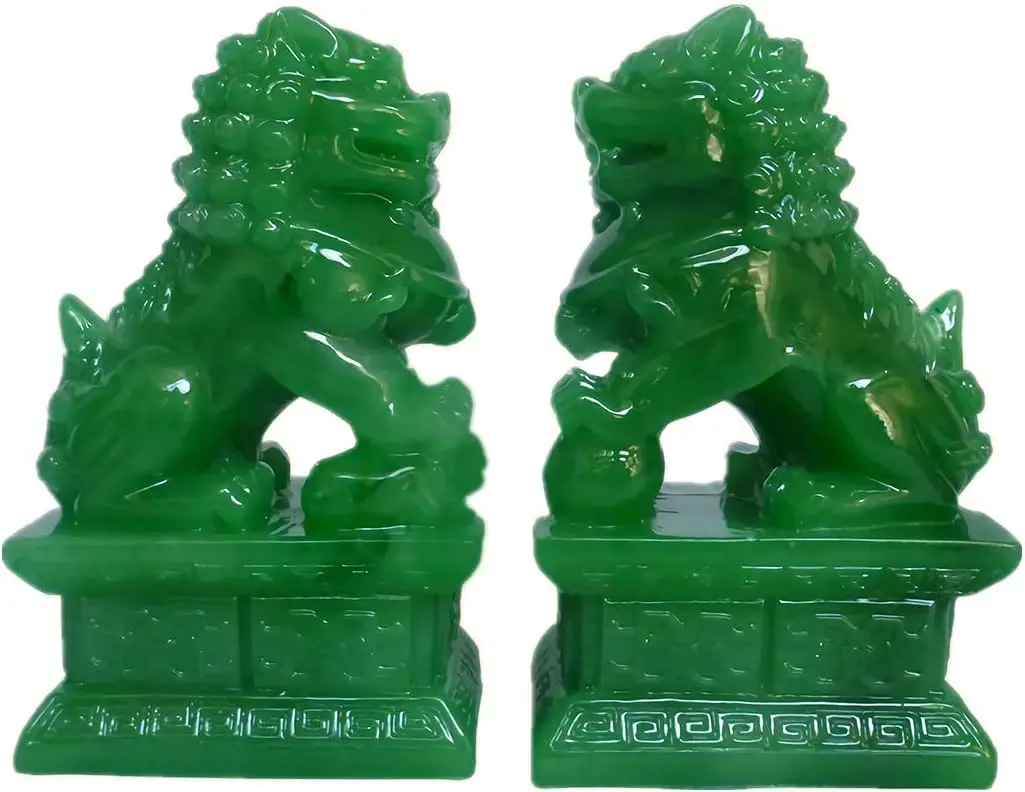 Feng Shui Porsperity Statues 2 PCS Fu Foo Dogs Pair of Green Guardian Lion Best Housewarming Congratulatory to Ward Off Evil En
