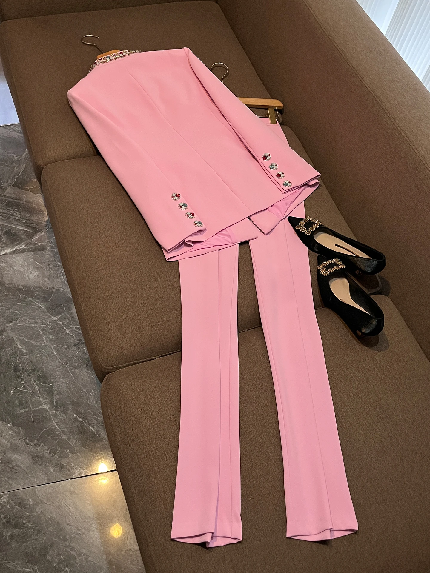 Pink Sweet Style Diamond Embedded Two-Piece Set New Women's Slimming  Diamond High-End Sensation Lady's Suit A08948