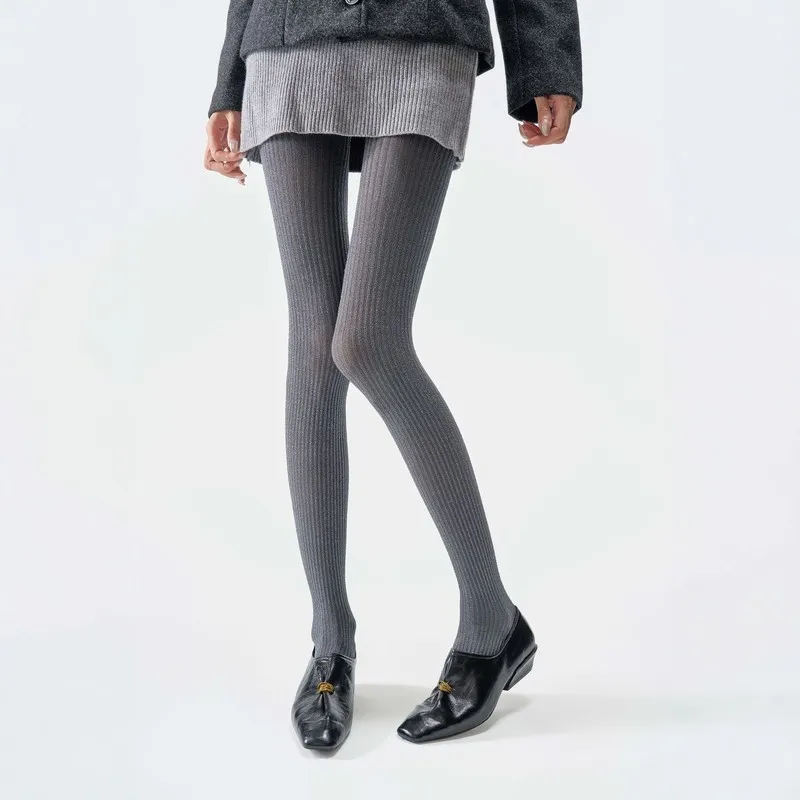 Semi-Sheer Vertical Striped Pantyhose for Women, Fall Winter Slimming Base Tights, High Elastic Microfiber Non-Slip Crotch Elega
