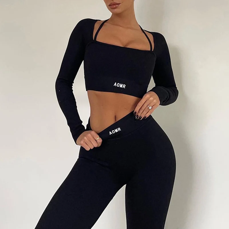 Mia Muse Sets All Season Basics Sporty Letter Printing Long Sleeve Square Neck Natural Waist Ankle Slim Casual Sets for Women