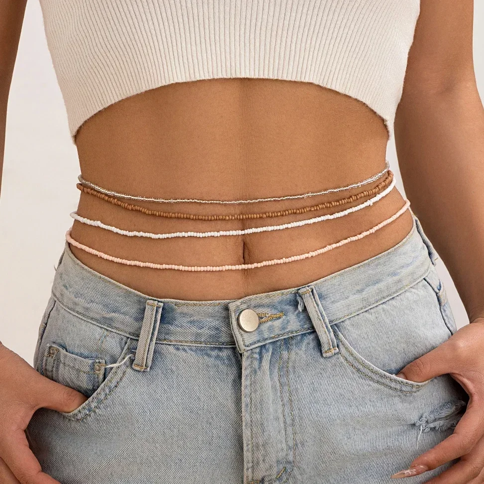 여성용 다채로운 탄성 시드 비즈 허리 밸리 벨트 체인, 크리에이티브 보호, 여름 비키니, 섹시한 바디 쥬얼리, Y2K 액세서리, 4 개