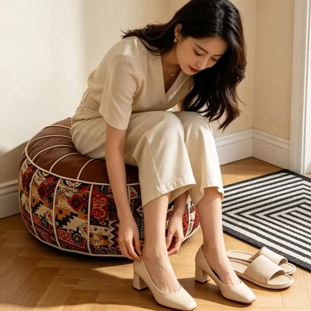 Leather Boho Seat Cushion Cover Unstuffed Embroider Craft Pumpkin Pouf Cover Large Capacity Waterproof Storage Bag