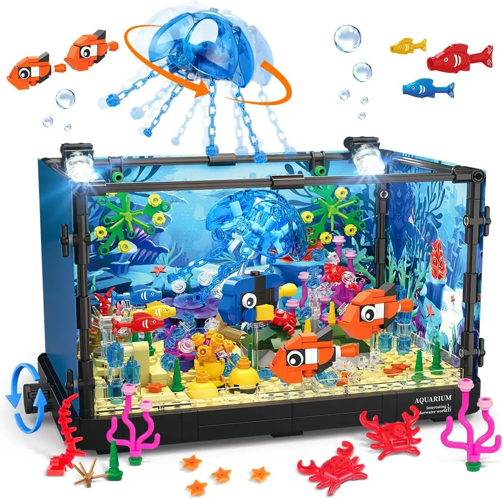 Fish Tank Block Set with Lights, Aquarium, Marine Life, Shark Eco Tank, Block Playset for Kids 6+ Years, Gift for Ocean Lovers