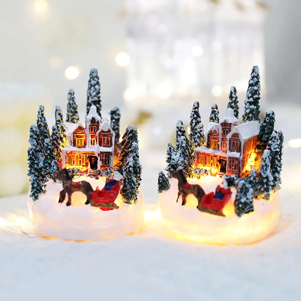 Xmas Party Miniature Decors Christmas Village House Figurine Luminous Dining Room Table for Home Desk DIY Crafts Fairy Garden