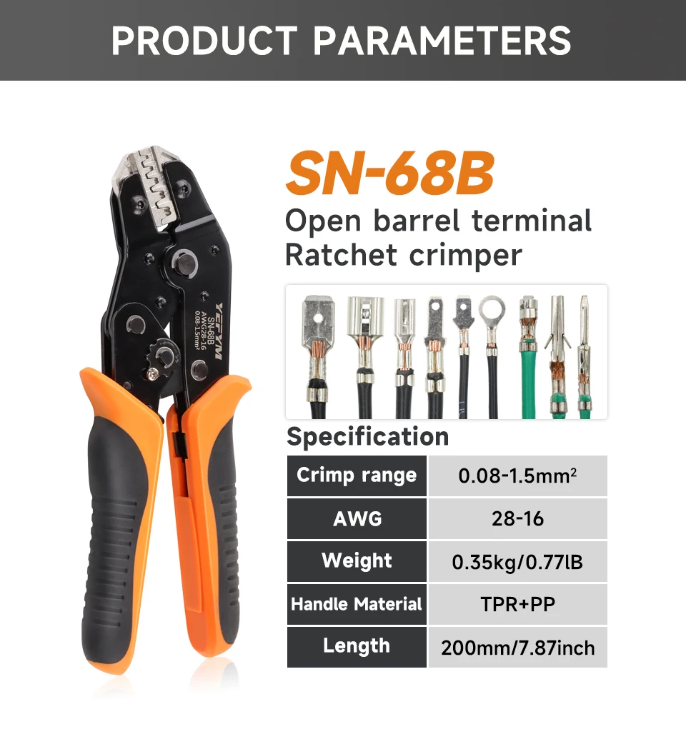 SN-68B Crimps Plug JST, TE, XH, SM, VH, PH, Molex Terminals Ratschen Crimper Zange für 0,08-1,5 mm2 (28-16 AWG) Drähte Werkzeug – Detail 5